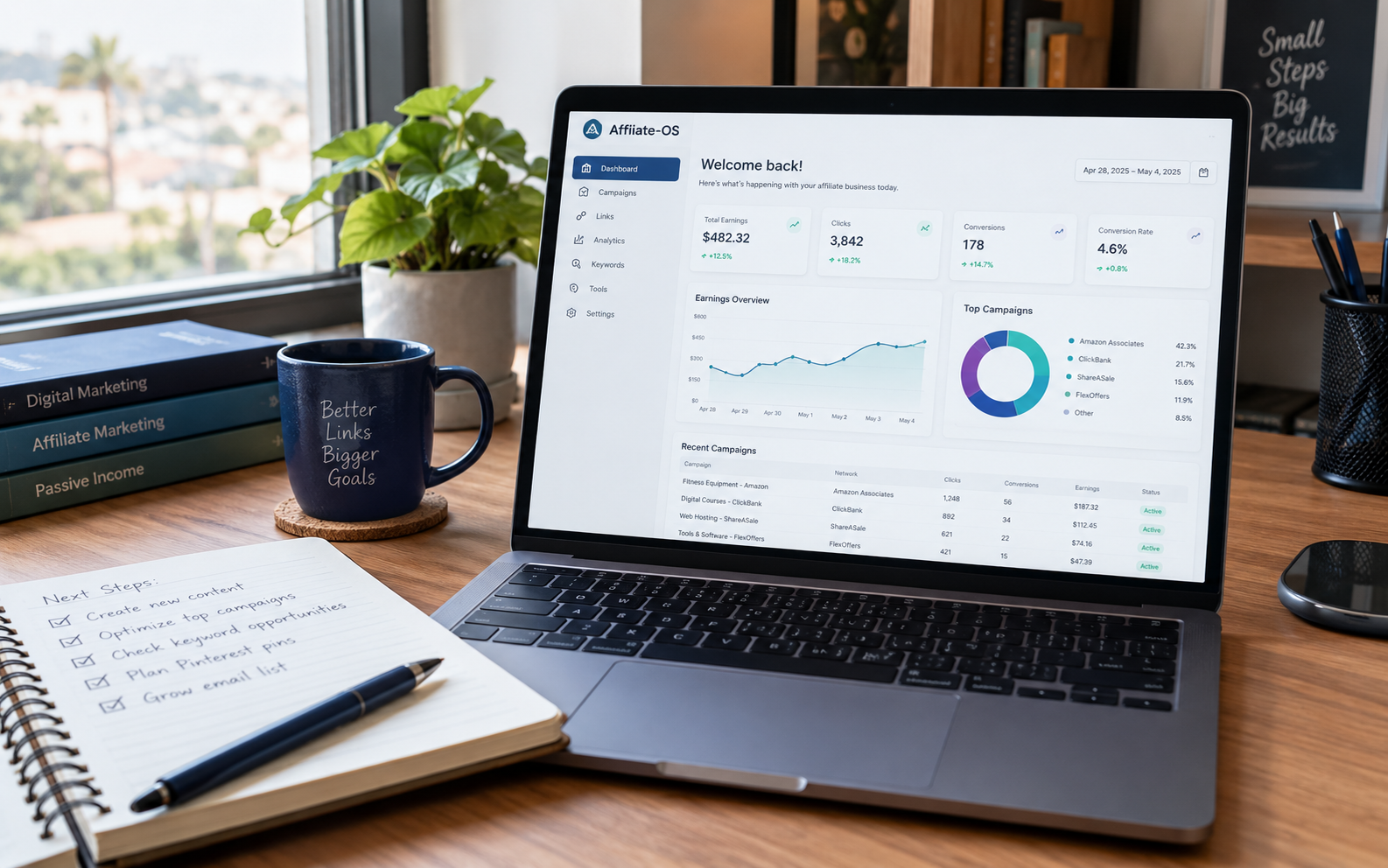 Clean desk with laptop showing Affiliate OS dashboard and campaign tools